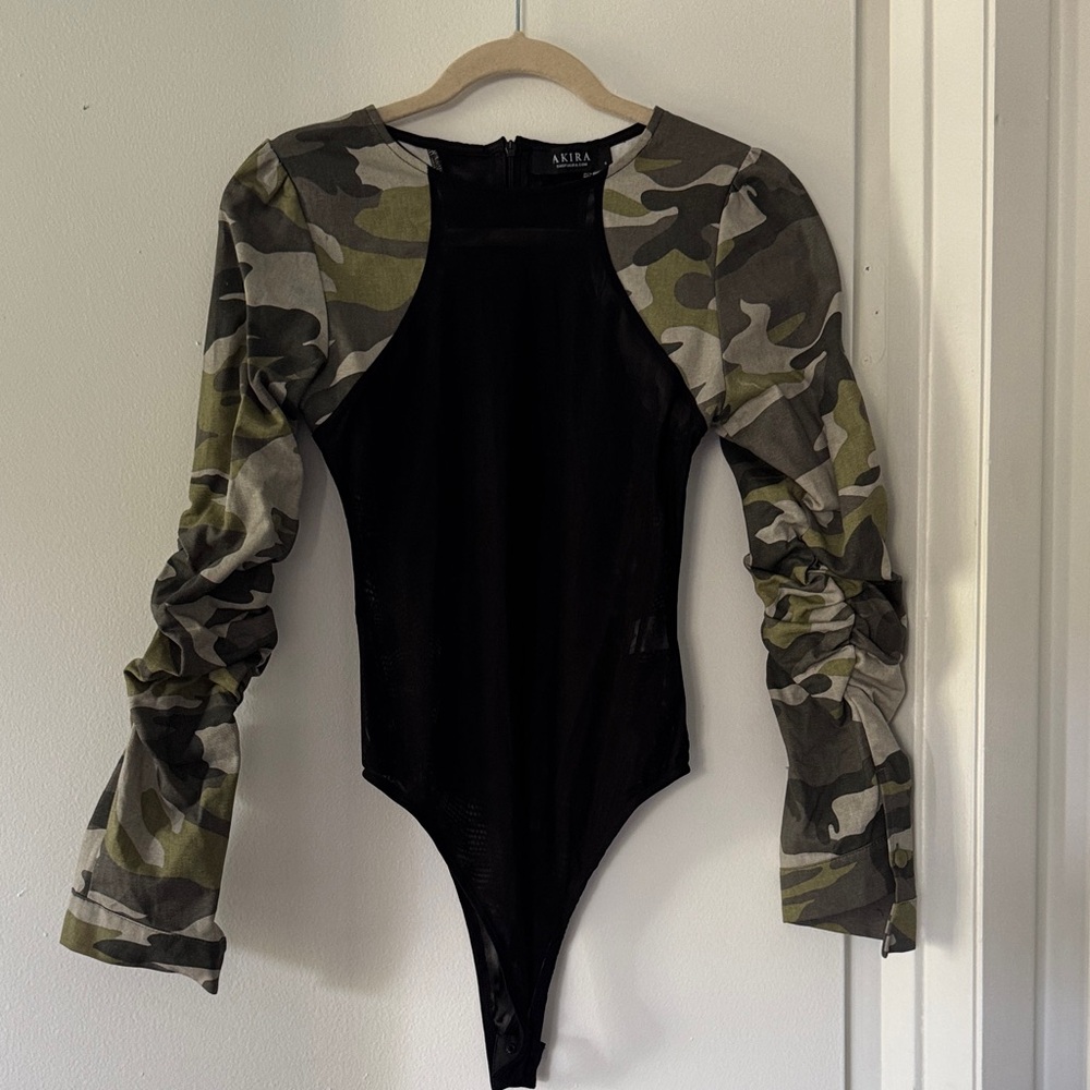 AKIRA Camouflage and Sheer Black Womens Bodysuit